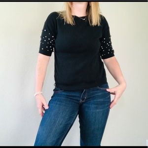A New Day Black Short Sleeve Top Pearl Bead Sleeve
